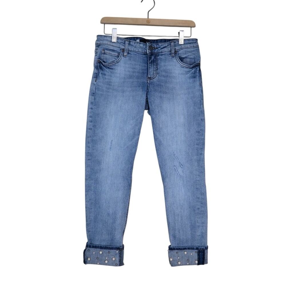 Kut from the Kloth Medium Blue Boyfriend Jeans with Pearl Cuffed Hem